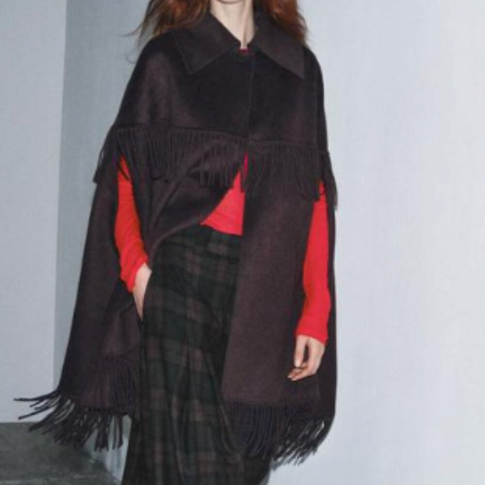 Zara Wool Fringe Cape / Pancho in Brown / Espresso